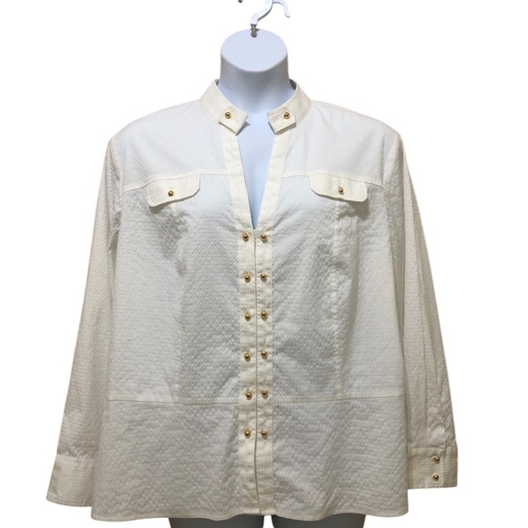 Jones New York Signature Women’s Pullover Blouse 3X White Stretch Gold Buttons - Picture 12 of 12